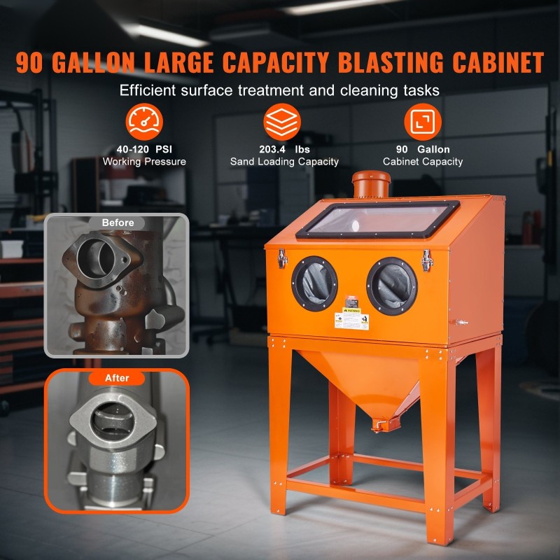 Hiekkapuhalluskaappi 340.7 L tilavuus 6.8 L pölynkeruujärjestelmä kylmävalssattu teräsrunko akryyli-ikkuna LED-valaistus