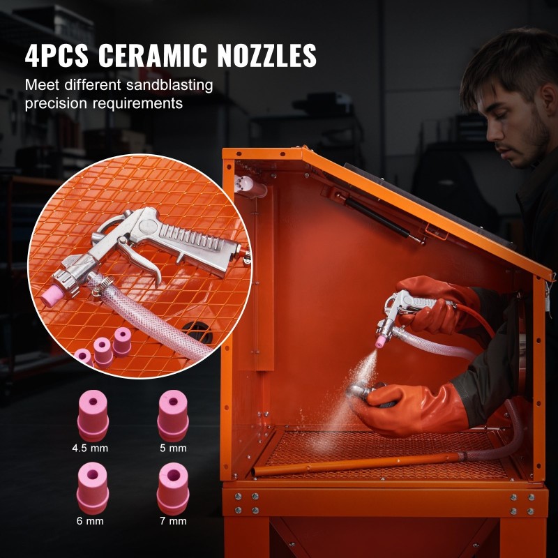 Hiekkapuhalluskaappi 340.7 L tilavuus 6.8 L pölynkeruujärjestelmä kylmävalssattu teräsrunko akryyli-ikkuna LED-valaistus