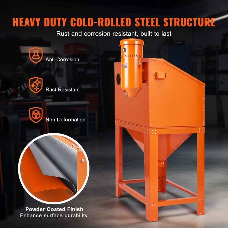 Hiekkapuhalluskaappi 340.7 L tilavuus 6.8 L pölynkeruujärjestelmä kylmävalssattu teräsrunko akryyli-ikkuna LED-valaistus