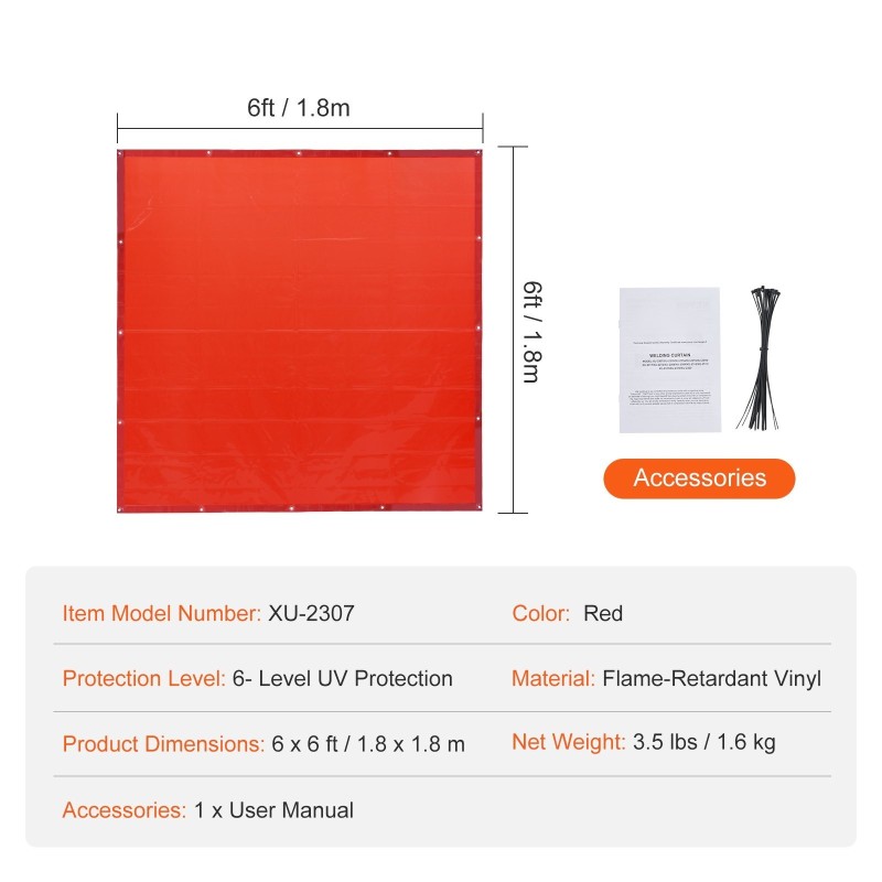 Hitsausverho paloa hidastava vinyyli 1,8 x 1,8 m 6-tason UV-suojaus ripustusreiät punainen