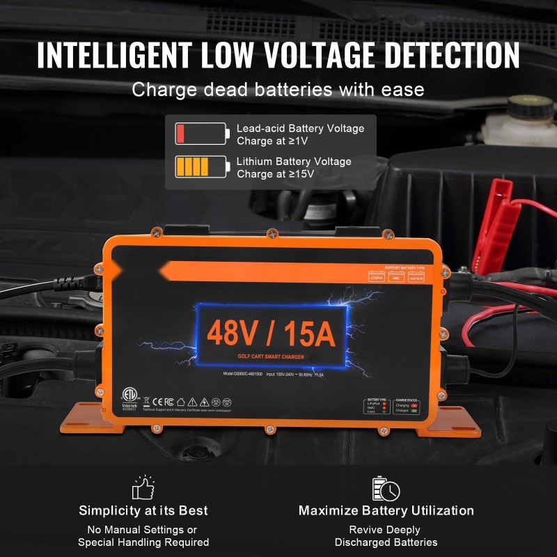 Golfkärryn akkulaturi 48 V 15 A alumiiniseoskotelo IP67 yhteensopiva AGM NMC LiFePO4