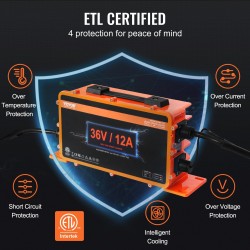 Golfkärryn 36V akkulaturi 12A IP67 yhteensopiva lyijyakuille NMC LiFePO4 D-tyypin liitin ETL-sertifioitu