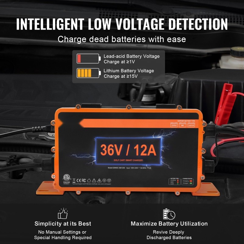 Golfkärryn 36V akkulaturi 12A IP67 yhteensopiva lyijyakuille NMC LiFePO4 D-tyypin liitin ETL-sertifioitu