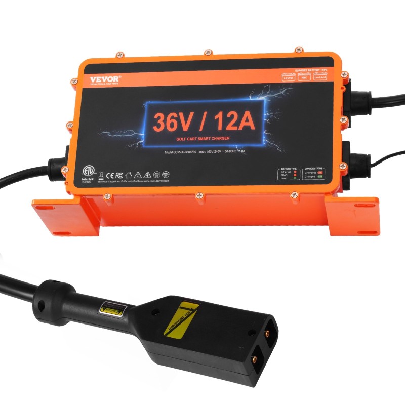 Golfkärryn 36V akkulaturi 12A IP67 yhteensopiva lyijyakuille NMC LiFePO4 D-tyypin liitin ETL-sertifioitu