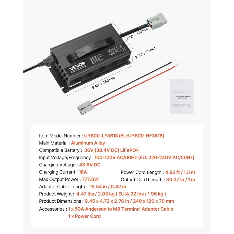 36V LiFePO4-laturi 18A 43.8V alumiiniseoskotelo Anderson-liitin 0V-aktivointi veneisiin ja matkailuautoihin