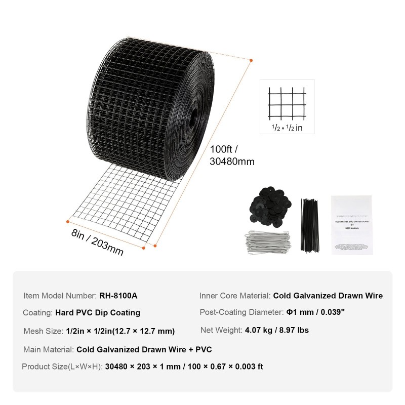 Aurinkopaneelien lintusuoja galvanoidusta teräslangasta kova PVC-upotuspinnoite 20×3048 cm rulla 70 kpl