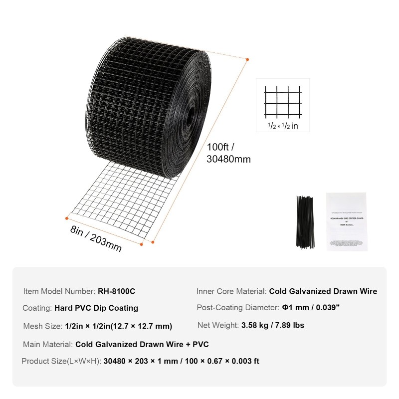 Aurinkopaneelien suojaverkko kylmägalvanoitu teräslanka PVC-pinnoite 20 rullaa 3048 cm 12,7 mm