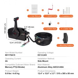 Sivulle asennettava perämoottorin kauko-ohjauslaatikko Mercury PT 2-tahtinen trimmikytkimellä turvavaijerilla 16,3 jalkaa