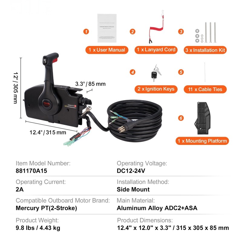 Sivulle asennettava perämoottorin kauko-ohjauslaatikko Mercury PT 2-tahtinen trimmikytkimellä turvavaijerilla 16,3 jalkaa
