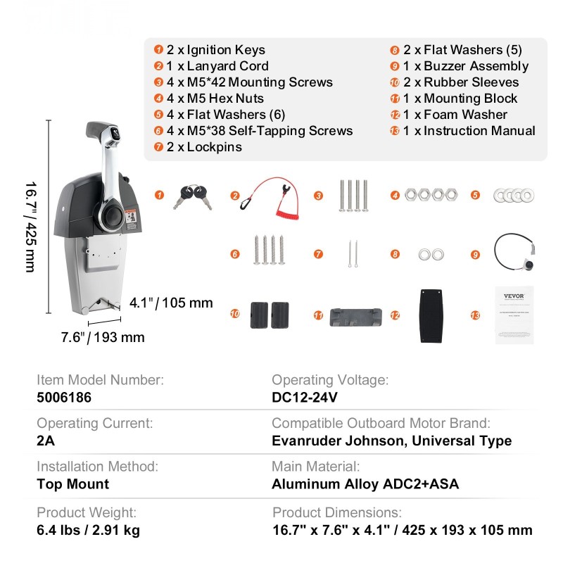 Veneen yläasenteinen kaasun kaukosäätölaatikko alumiiniseos trimmikytkimellä turvahihnalla Evanruder Johnson -perämoottoreille