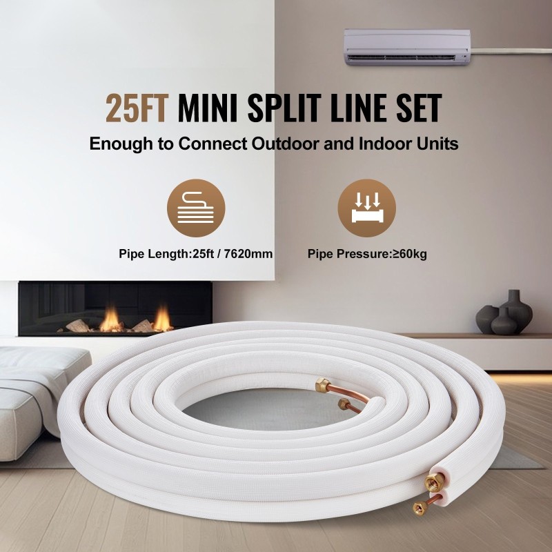 Mini-split-kylmäaineputkisarja kupariputkilla 7620 mm 6,35 ja 9,53 mm kolmikerroksinen eristys