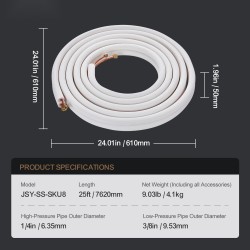 Mini-split-kylmäaineputkisarja kupariputkilla 7620 mm 6,35 ja 9,53 mm kolmikerroksinen eristys