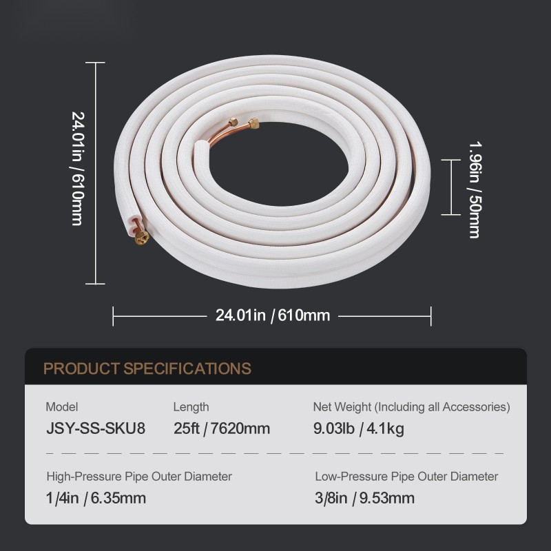 Mini-split-kylmäaineputkisarja kupariputkilla 7620 mm 6,35 ja 9,53 mm kolmikerroksinen eristys