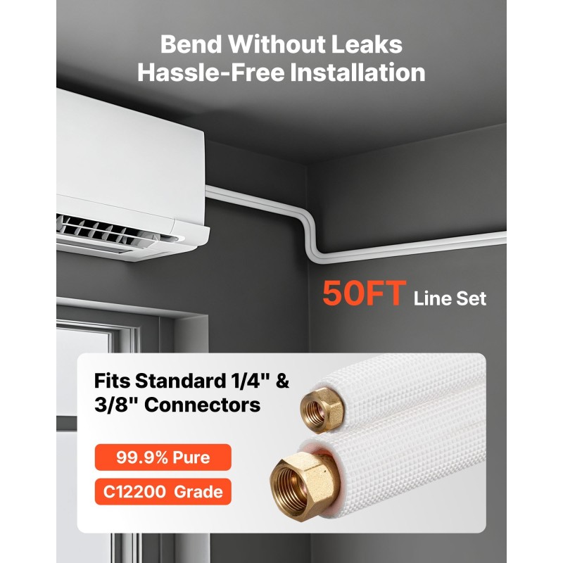 Mini-split putkisarja kuparia 6,4 ja 9,5 mm 15,2 m paksulla PE+EVA-eristeellä