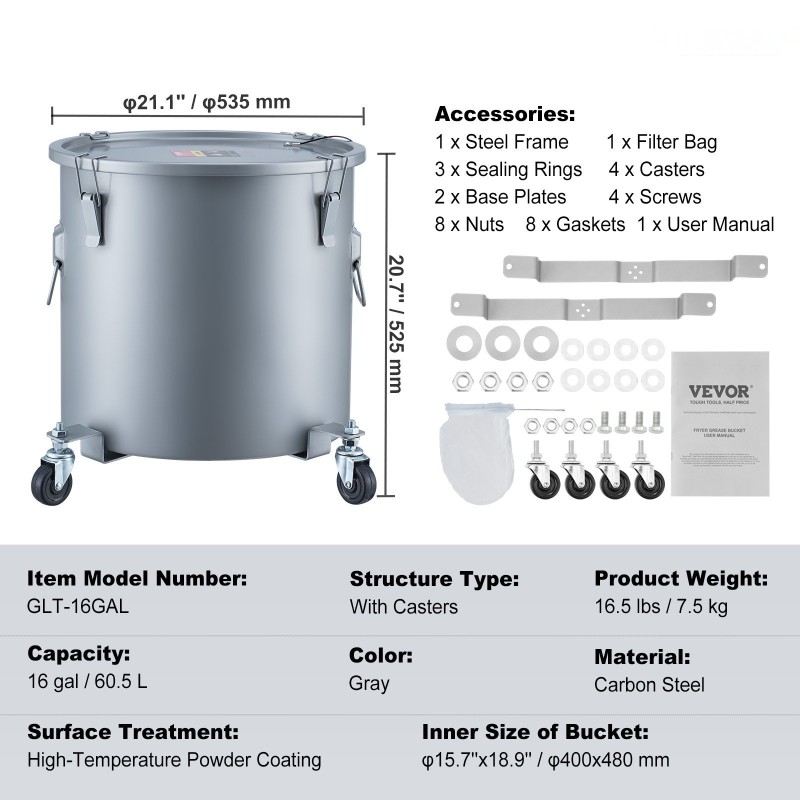 Rasva- ja öljyastia hiiliteräksinen 60,5 l pyörällinen kansi suodatinpussi