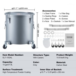 Rasva ja öljyastia 37,8 l hiiliteräs pyörillä lukittava kansi suodatinpussi