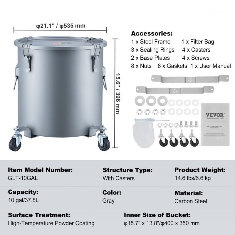 Rasva ja öljyastia 37,8 l hiiliteräs pyörillä lukittava kansi suodatinpussi