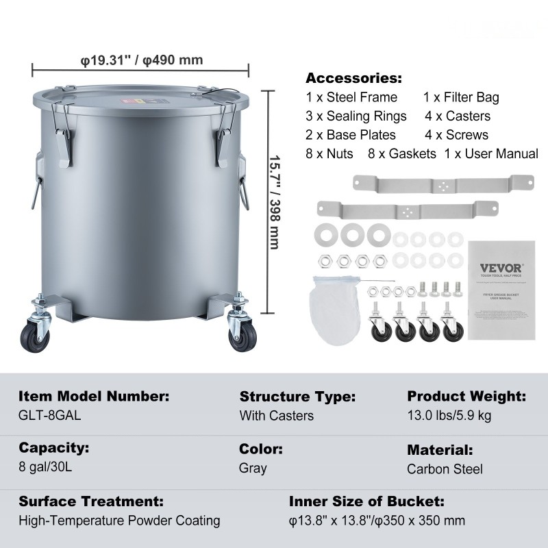 Öljyämpäri 30-litrainen hiiliteräksinen pyörällisellä alustalla lukittavalla kannella ja suodatinpussilla