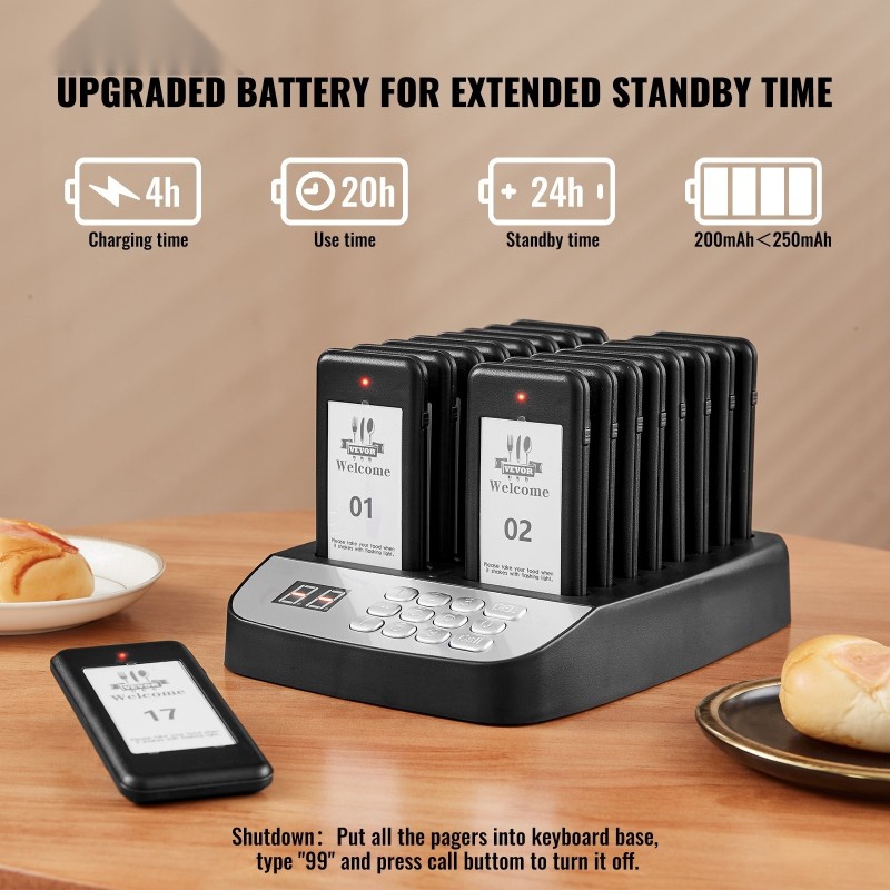 Langaton hakulaitteisto ravintolaan 16 laitetta 500 m kantama LED-valo ja värinä