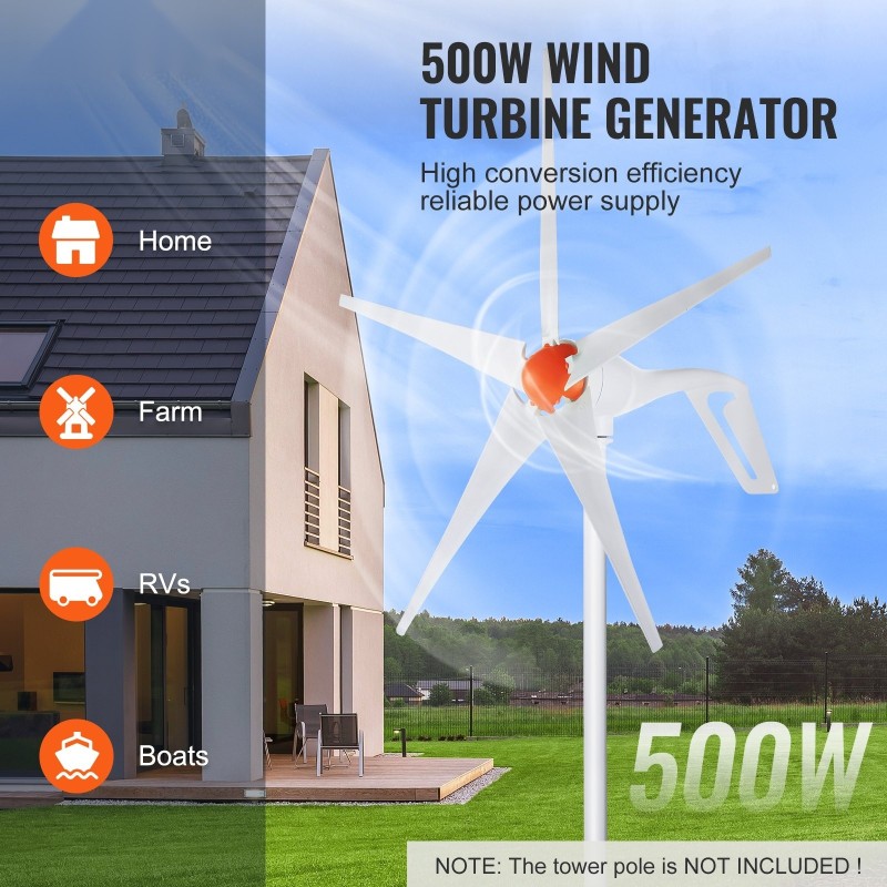 Tuuliturbiinigeneraattori 500W 12V viisilapaiset lasikuitunailonlavat käynnistystuulennopeus 2,5 m/s