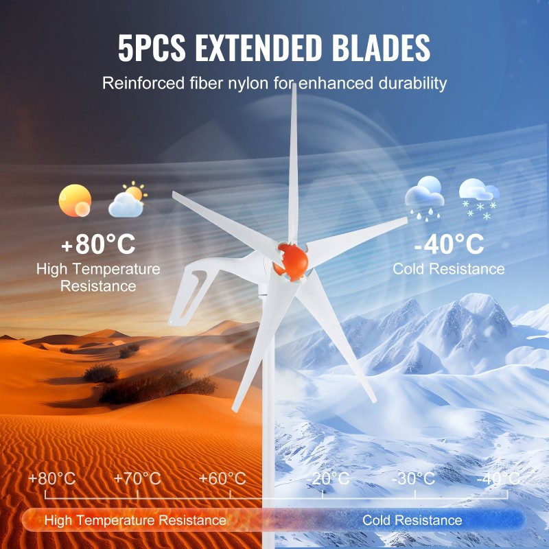 Tuuliturbiinigeneraattori 500W 12V viisilapaiset lasikuitunailonlavat käynnistystuulennopeus 2,5 m/s