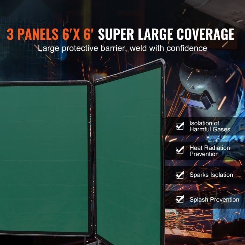 Hitsaussuojaverho 3-osainen liekinkestävä vinyyli 1,8x1,8 m metallirunko 12 pyörää 6 lukittavaa