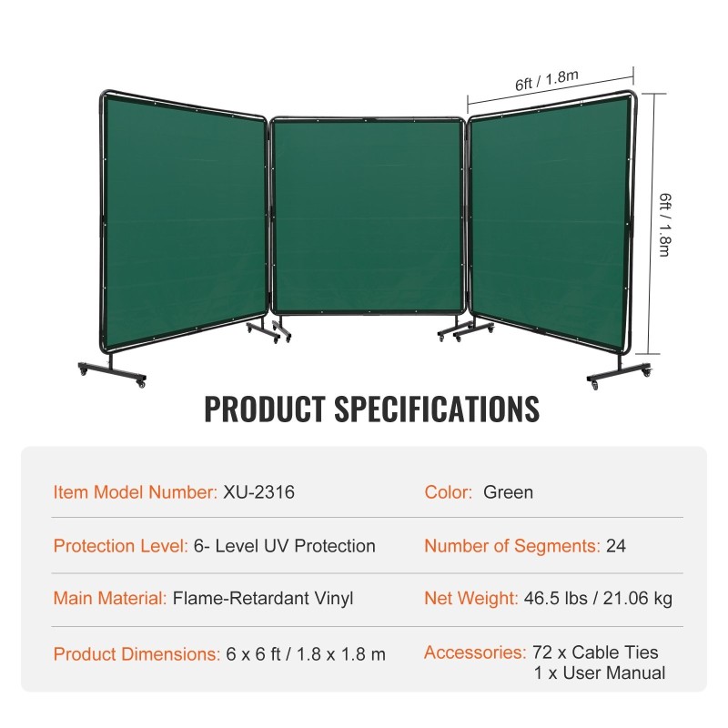 Hitsaussuojaverho 3-osainen liekinkestävä vinyyli 1,8x1,8 m metallirunko 12 pyörää 6 lukittavaa