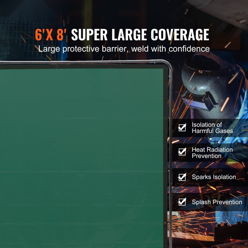 Hitsaussuojaseinä liekinkestävä vinyyli metallirunko 6x8 jalkaa 4 pyörää 2 lukittavaa