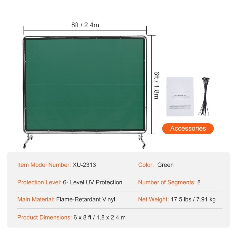 Hitsaussuojaseinä liekinkestävä vinyyli metallirunko 6x8 jalkaa 4 pyörää 2 lukittavaa