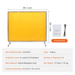 Hitsaussuojaverho kehyksellä paloa hidastava vinyyli 6 x 8 jalkaa liikuteltava keltainen