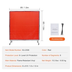 Hitsausnäyttö liekinkestävä vinyyli metallirunko 1,8 x 1,8 m 4 pyörää punainen