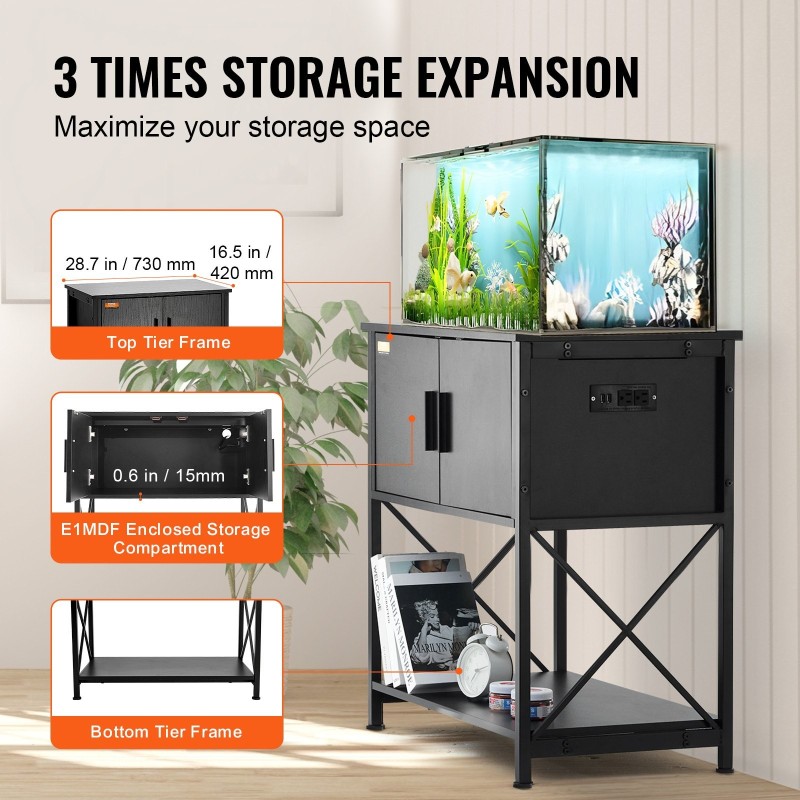 Akvaarioteline teräs ja MDF 29 gallonin 110 kg kantavuus musta säilytyskaappi virtapaneeli