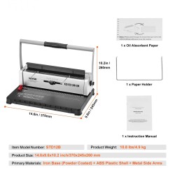 Manuaalinen spiraalisidontakone 34-aukkoinen 120 arkin sidontakapasiteetti 3/16–9/16 tuuman kierteille säädettävällä