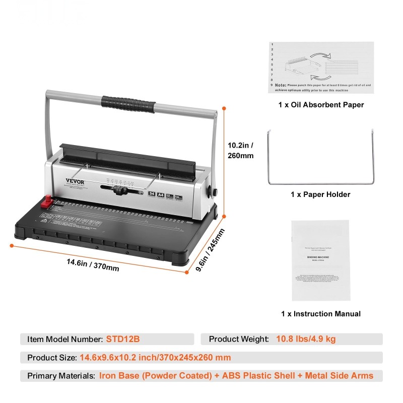 Manuaalinen spiraalisidontakone 34-aukkoinen 120 arkin sidontakapasiteetti 3/16–9/16 tuuman kierteille säädettävällä