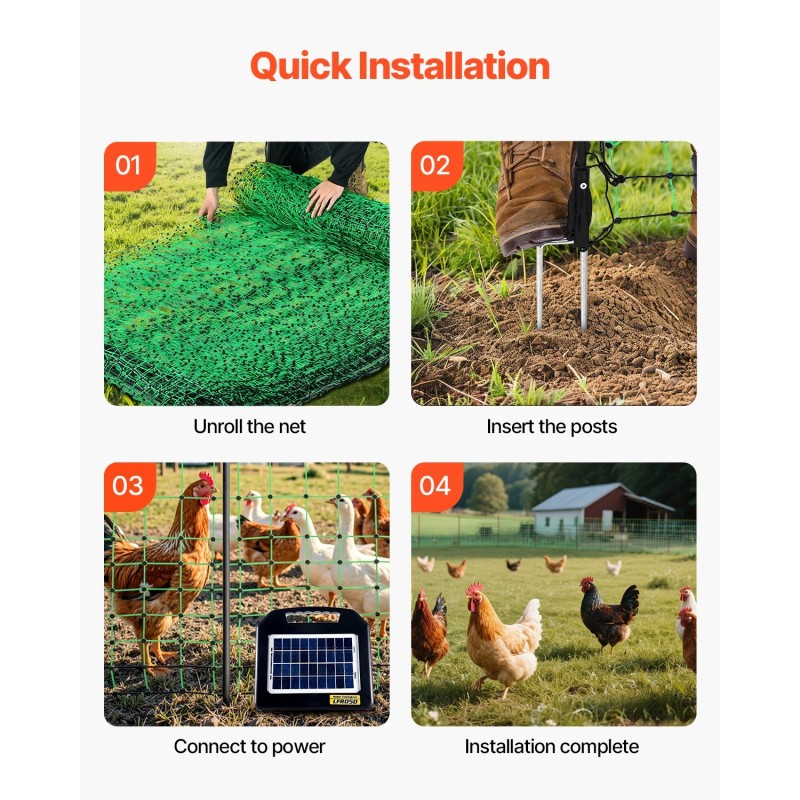 Sähköverkkoaita PE ja ruostumaton teräs 1,21 m x 30,48 m lasikuitutolpat pieneläimille