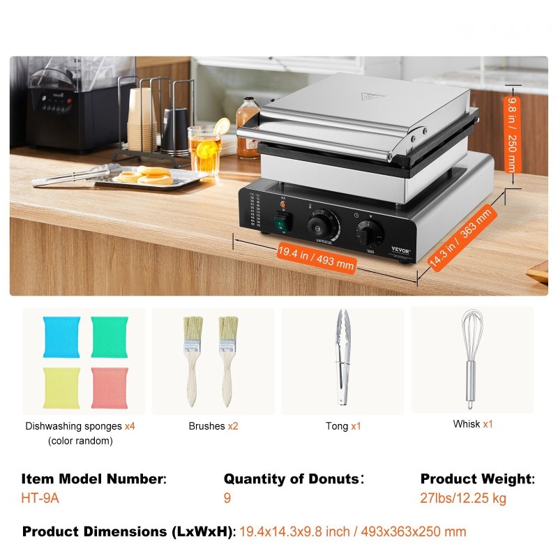 Sähköinen donitsikone 2000W 9 donitsia kaksipuolinen lämmitys tarttumaton pinnoite ruostumaton teräsrunko