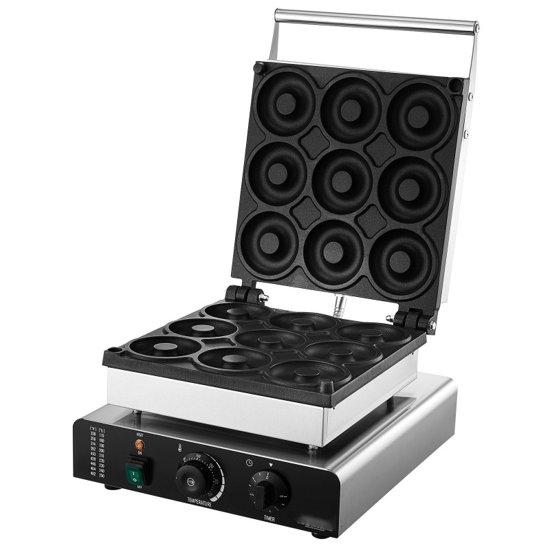 Sähköinen donitsikone 2000W 9 donitsia kaksipuolinen lämmitys tarttumaton pinnoite ruostumaton teräsrunko