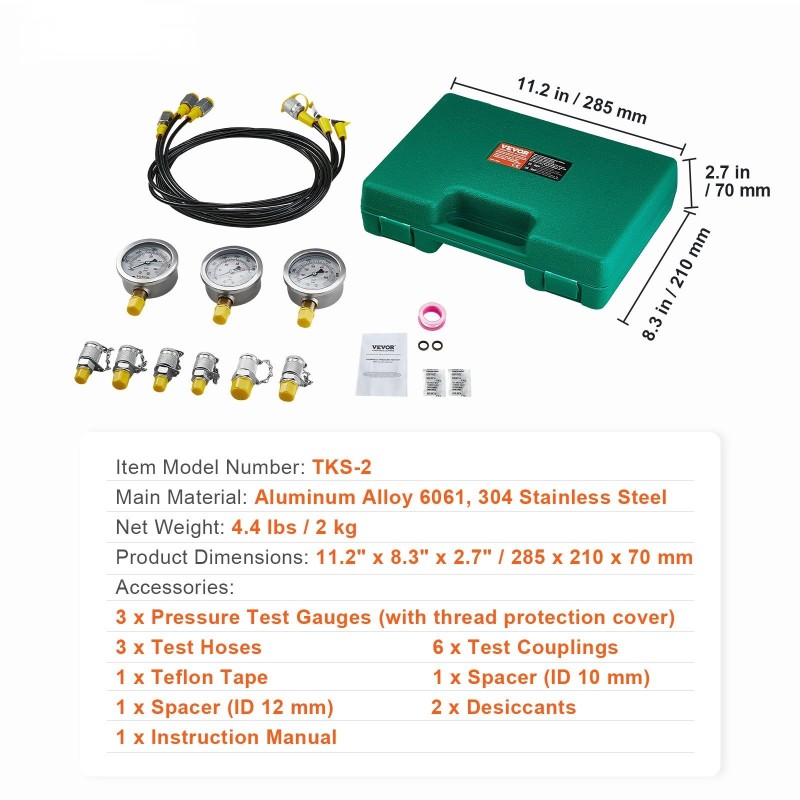 Hydraulinen painetestaussarja 3 painemittaria 3 letkua 6 liitintä 250 400 600 bar