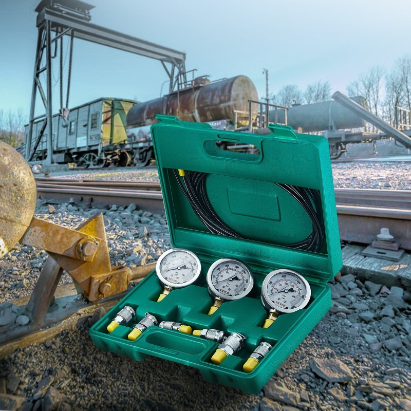 Hydraulinen painetestaussarja 3 painemittaria 3 letkua 6 liitintä 250 400 600 bar