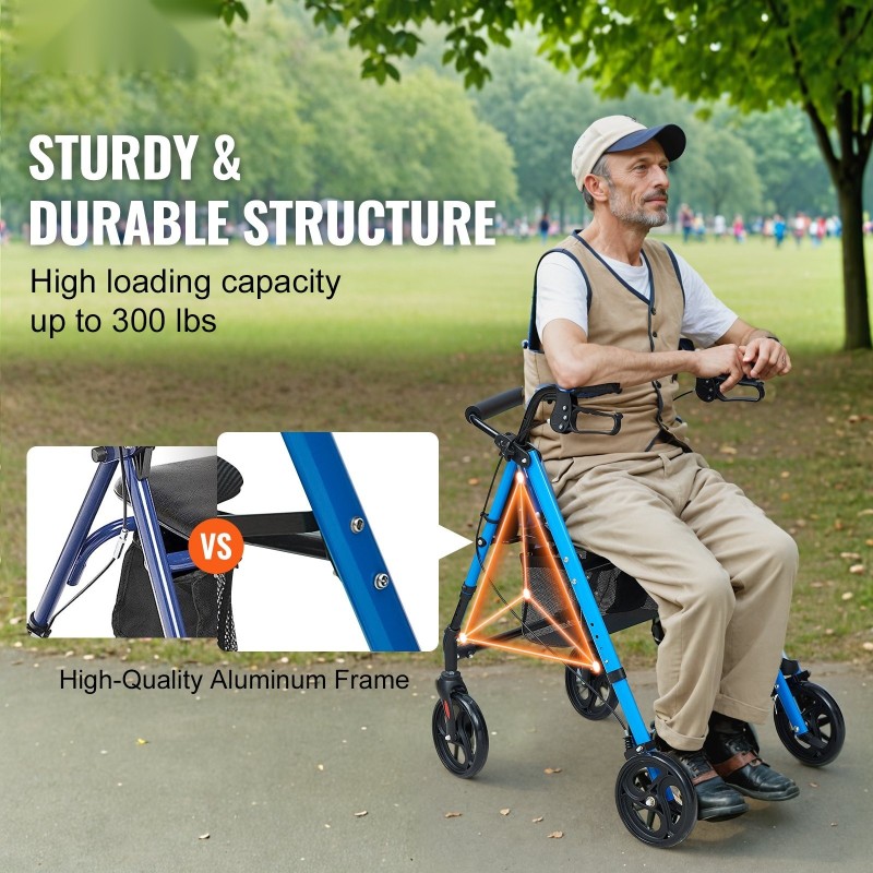 Rollaattori kevyt alumiinirunko kokoontaitettava säädettävä istuinkorkeus työntökahvat 8-tuumaiset pyörät 136 kg