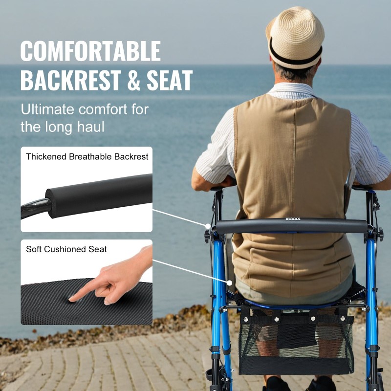 Rollaattori kevyt alumiinirunko kokoontaitettava säädettävä istuinkorkeus työntökahvat 8-tuumaiset pyörät 136 kg