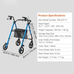 Rollaattori kevyt alumiinirunko kokoontaitettava säädettävä istuinkorkeus työntökahvat 8-tuumaiset pyörät 136 kg
