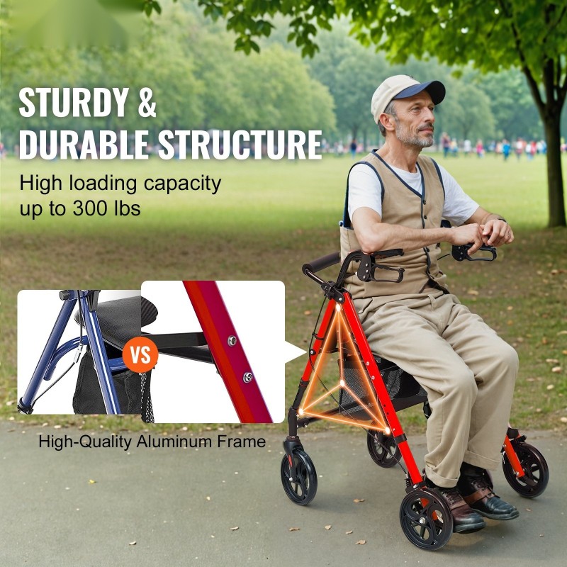 Taitettava alumiininen rollaattori säädettävät kahvat 136 kg kantavuus 8 tuuman pyörät