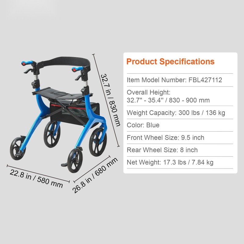 Rollaattori alumiinirunkoinen kevyt nelipyöräinen istuimella ja säädettävällä kahvalla