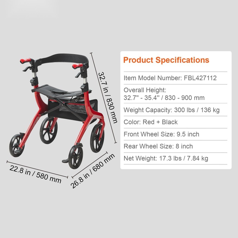 Alumiininen taittuva nelipyöräinen rollaattori istuimella säilytyslaukulla säädettävillä kahvoilla 136 kg kantavuus
