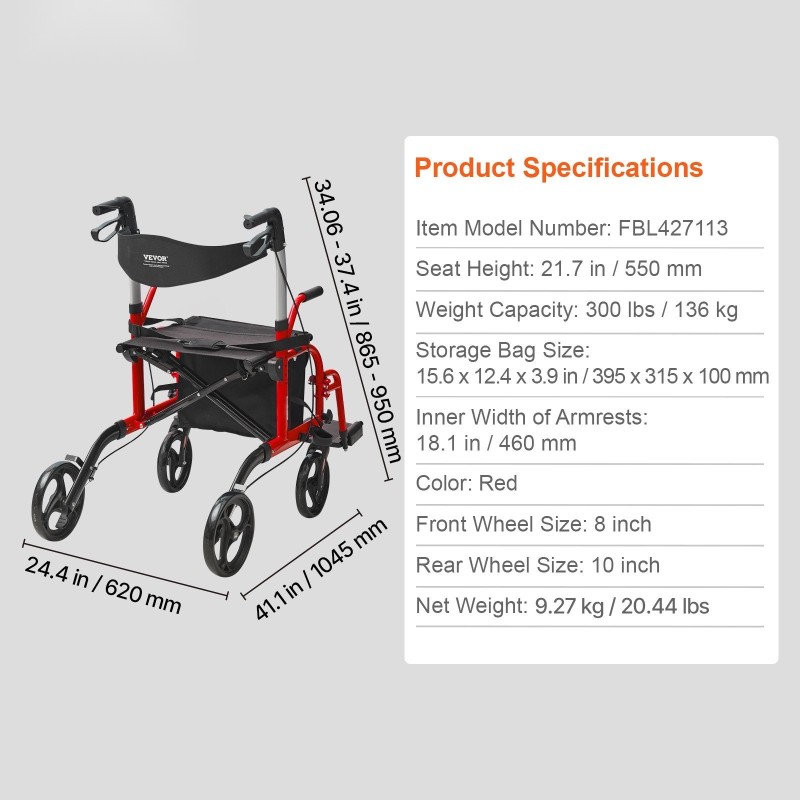 Rullaattori ja kuljetustuoli alumiinirunkoinen taitettava säädettävillä työntökahvoilla 136 kg