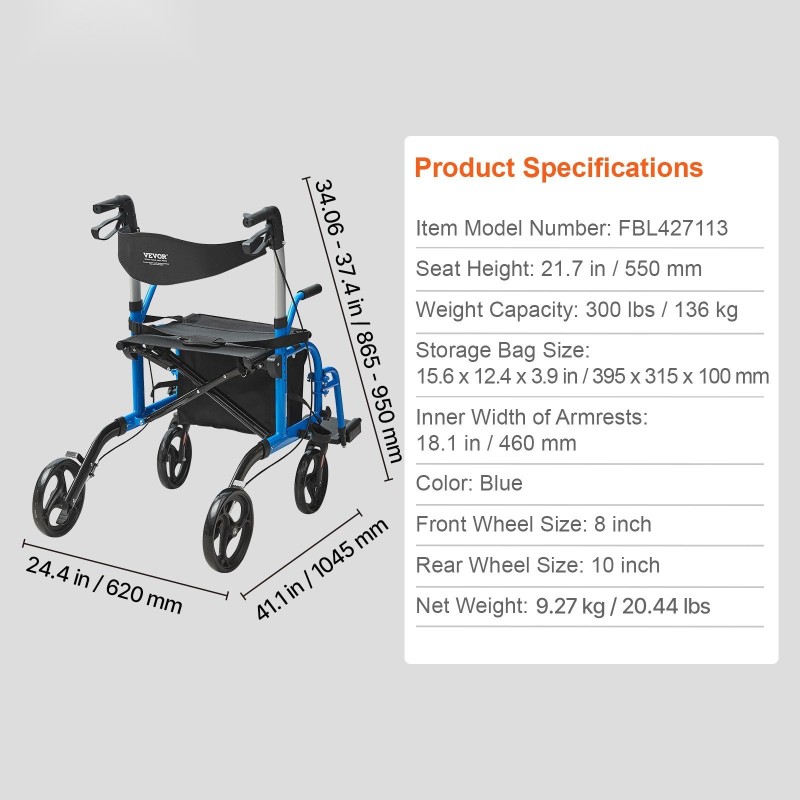 Yhdistelmärollaattori ja kuljetustuoli kevyt alumiinirunko säädettävät kahvat 136 kg kantavuus