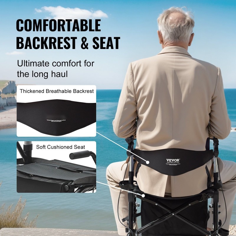 Rollaattori ja kuljetustuoli alumiinirunkoinen taitettava 136 kg kantavuus säädettävät kahvat