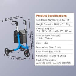 Kolmipyöräinen alumiinirunkoinen taitettava rollaattori säädettävällä kahvalla kahdeksan tuuman renkailla