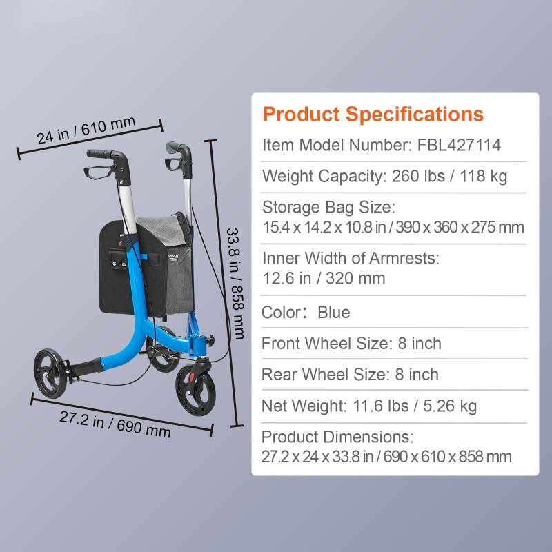 Kolmipyöräinen alumiinirunkoinen taitettava rollaattori säädettävällä kahvalla kahdeksan tuuman renkailla